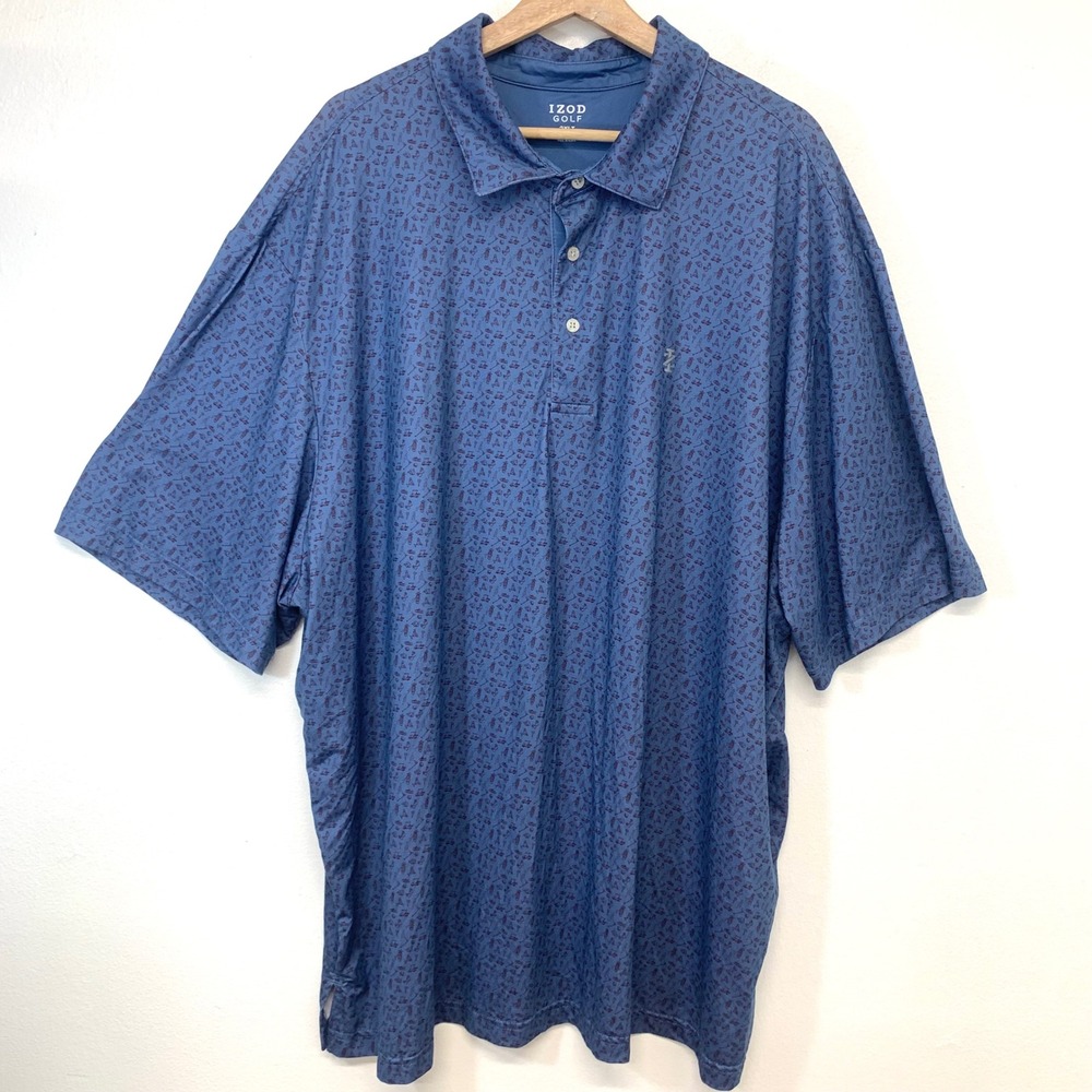 IZOD Golf Mens 3XLT Blue All Over Print Polo Shirt Short Sleeve Stretch